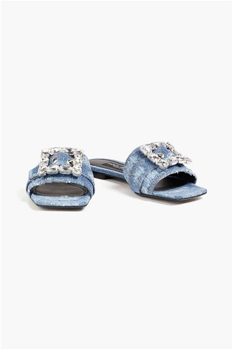 embellished denim slides.